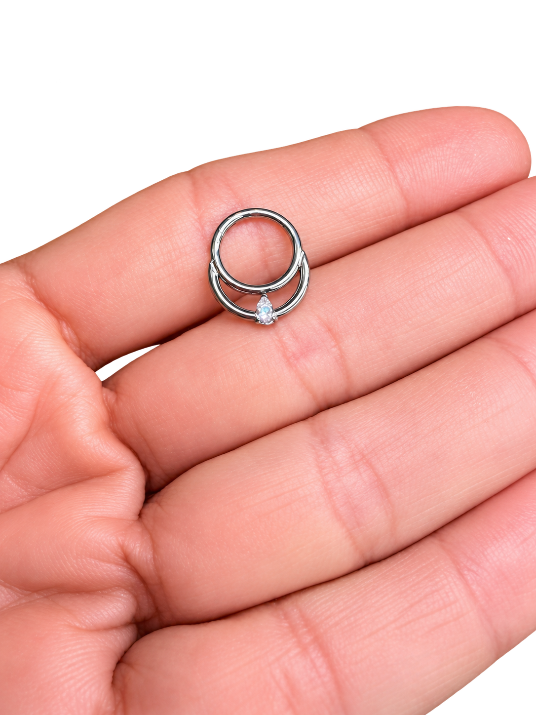 Teardrop Daith Hoop - Double Line CZ / Silver Titanium