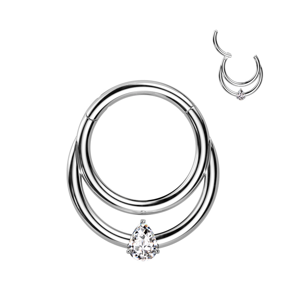 Teardrop Daith Hoop - Double Line CZ / Silver Titanium