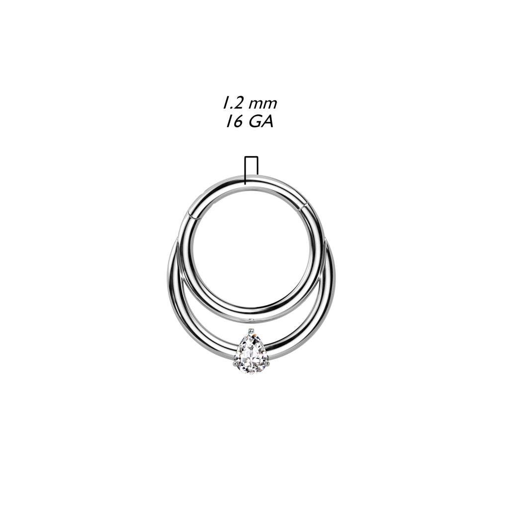 Teardrop Daith Hoop - Double Line CZ / Silver Titanium