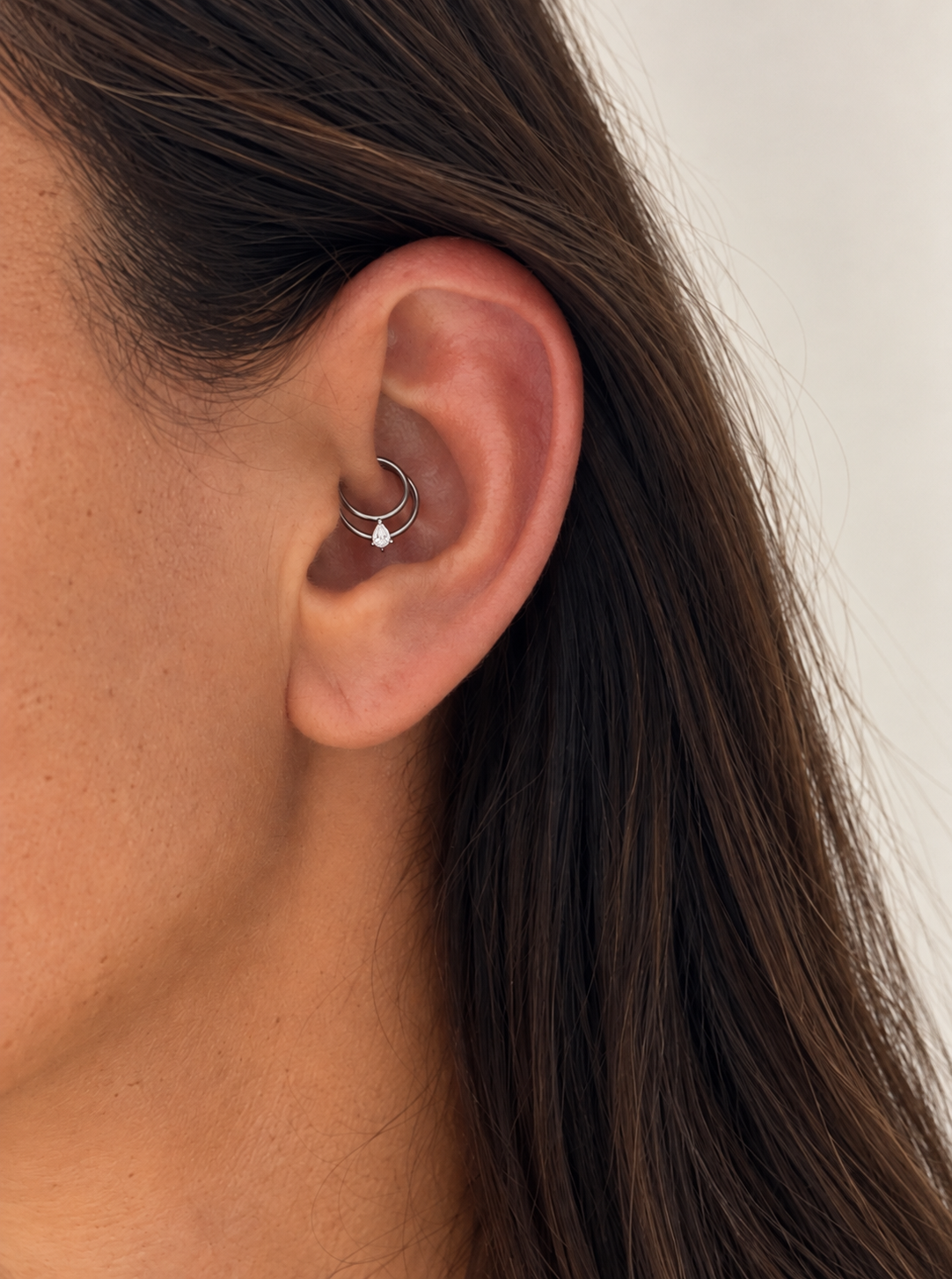 Teardrop Daith Hoop - Double Line CZ / Silver Titanium