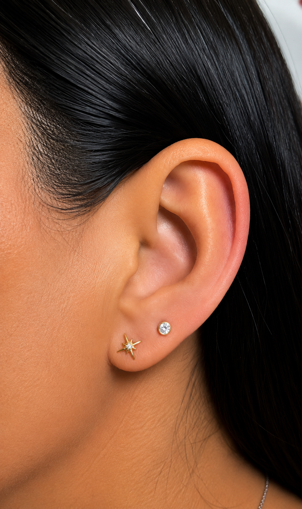 Stellar Spark - Centered Starbust CZ Gold PVD Flat Back Titanium