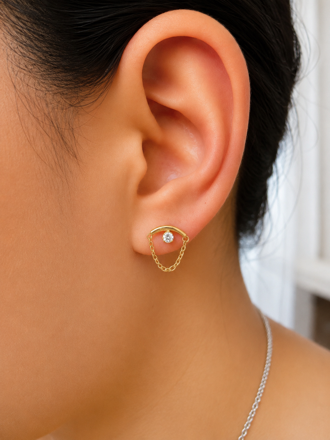 Chain Drop Stud - Gold PVD Plated/CZ (Flat Back Titanium)