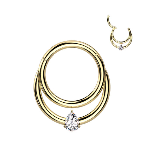 Teardrop Daith Hoop - Double Line CZ/Gold Titanium