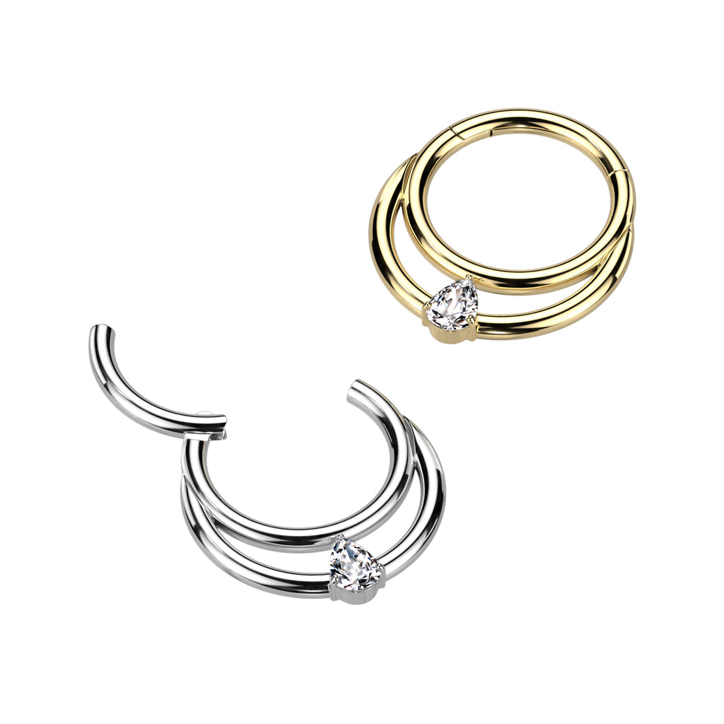 Teardrop Daith Hoop - Double Line CZ/Gold Titanium