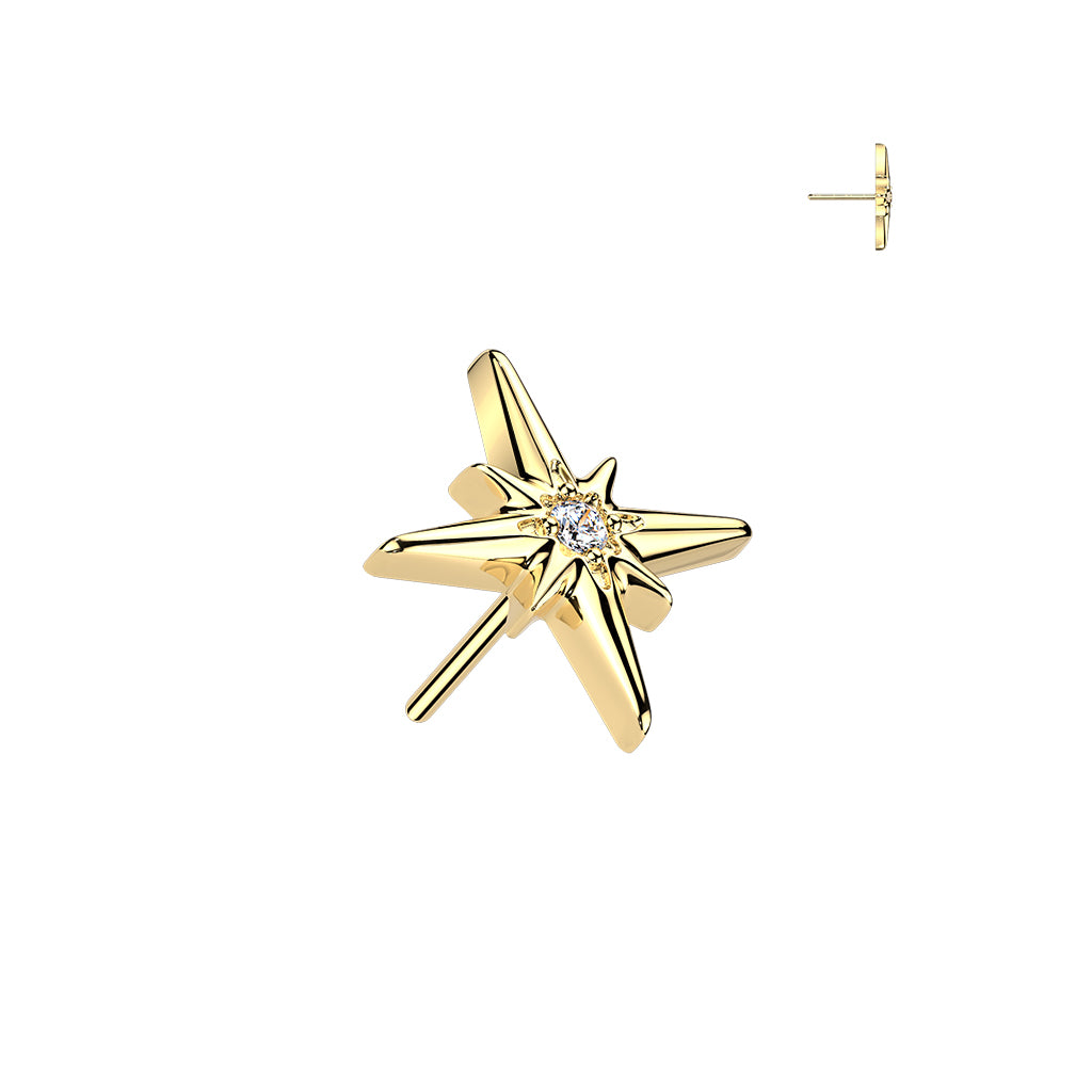 North Star CZ Stud-24K Gold PVD (Flat Back Titanium)