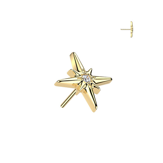North Star CZ Stud-24K Gold PVD (Flat Back Titanium)