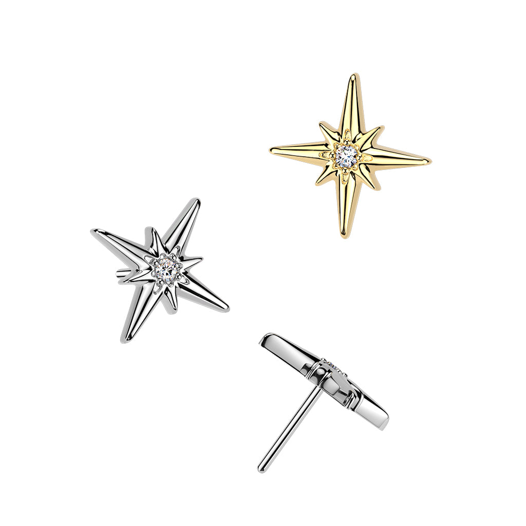 North Star CZ Stud-24K Gold PVD (Flat Back Titanium)
